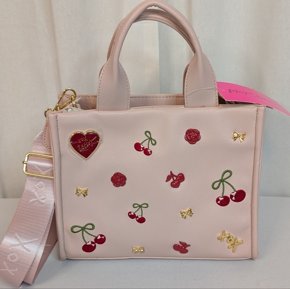 Betsey Johnson Handbags - Betsy Johnson Embroidered Cherries Gold Bow Roses Hand Bag Crossbody Purse Pink